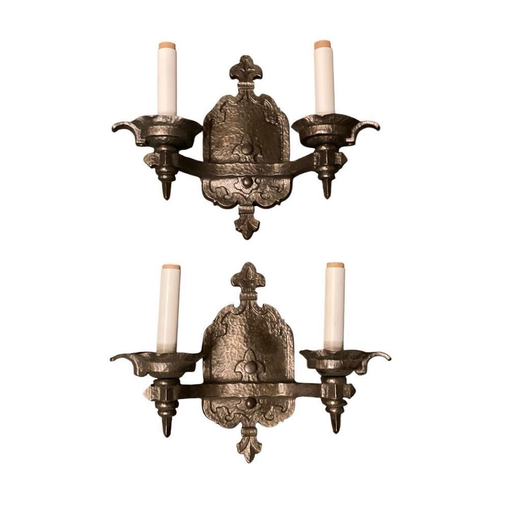 A Pair of Vintage Gothic Iron Wall Sconce Two Candle Lights Fleur de lis